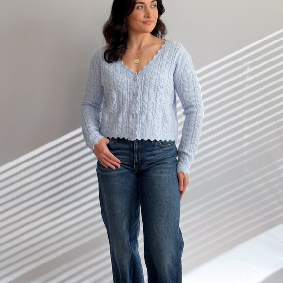 Women’s Light Blue Scalloped Cable Knit Cardigan - Picture 10 of 11